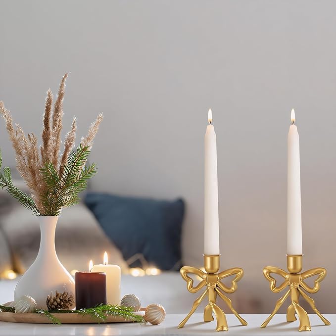 Mumufy 4 Pcs Gold Bow Taper Candle Holder Vintage Metal Candle Stick Holders Antique Brass Decorative Candlestick for Wedding Christmas Home Table Decor, 4.5" W x 4.3" H