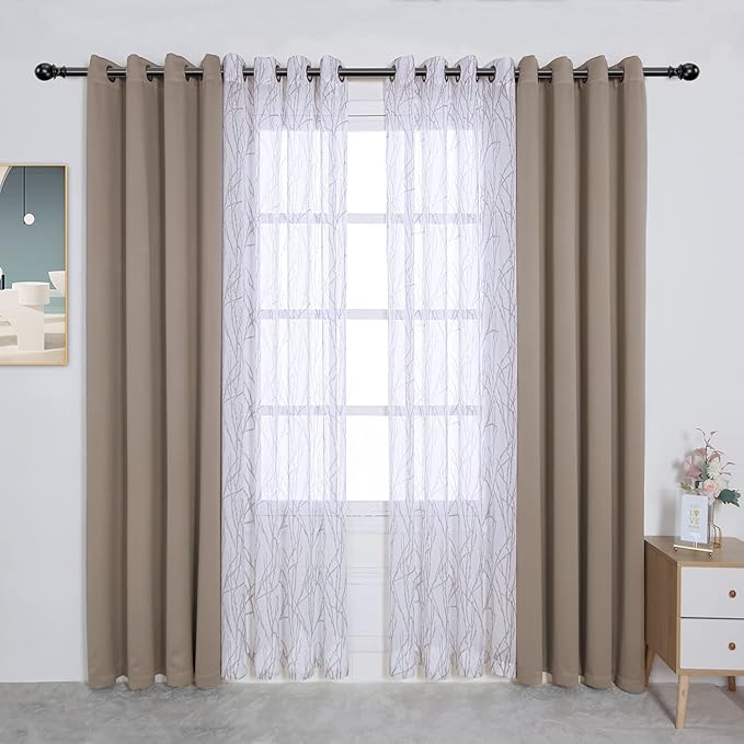 BONZER Mix and Match Curtains - 2 Pieces Branch Print Sheer Curtains and 2 Pieces Blackout Curtains for Bedroom Living Room Grommet Window Drapes, 54x108 Inch/Panel, Taupe, Set of 4 Panels