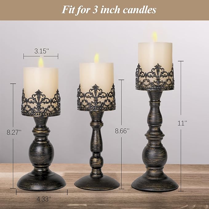 Distressed Black Candle Holders for Pillar Candles Set of 3, Vintage Crown Candle Stands for Table Centerpiece Decor, Tall Antique Metal Candle Holder Set for Fireplace Decoration, Ideal Gift