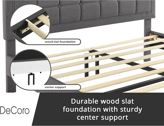 Decoro Mornington Upholstered 2.0 Platform Bed, Button-Tufted Fabric Headboard and Metal Frame with Wood Slat Support, Light Grey, King