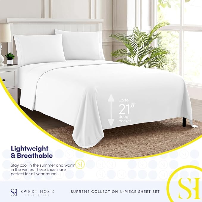 Queen Size Bed Sheets - Breathable Luxury Sheets with Full Elastic & Secure Corner Straps Built In - 1800 Supreme Collection Soft Deep Pocket Bedding, Sheet Set, EXTRA DEEP pocket - Queen, White