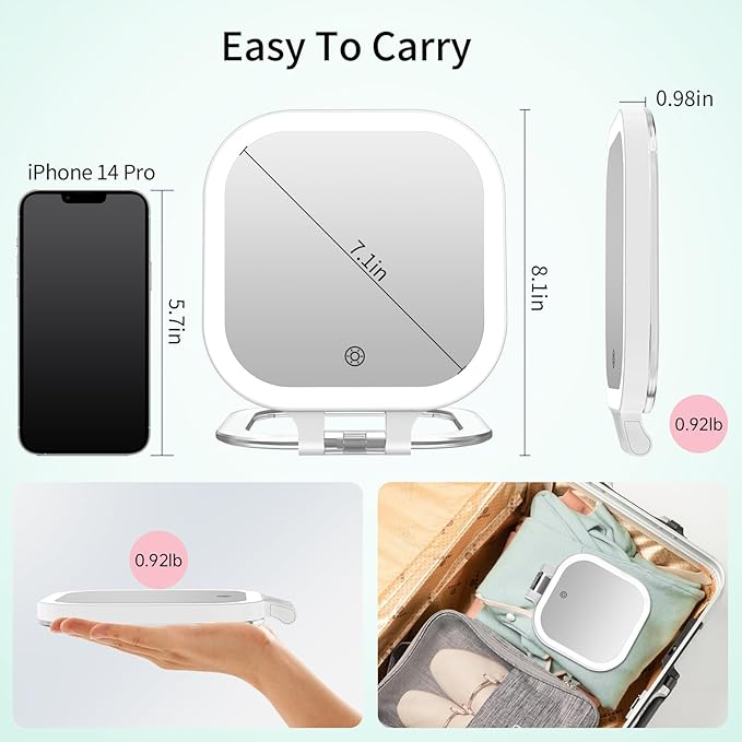 FASCINATE 20X Magnification Rechargeable Travel Makeup Mirror, 7" Lighted Portable Vanity Mirror with 3 Colors Lighting & Stepless Dimming, Double Sided LED Mirror, Gift for Women (White)