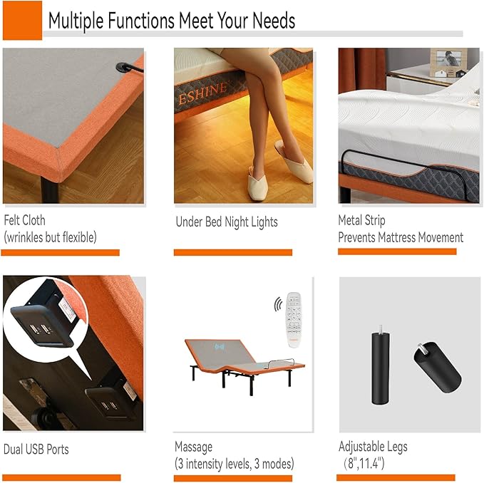 ESHINE Adjustable Bed Frame Queen - Easy to Install in 5 Minutes, Adjustable Beds for Massage, Zero Gravity, Under Bed Lights, Wireless Remote, Foot&Head Incline, Smart Bed, 3000 Premium Series