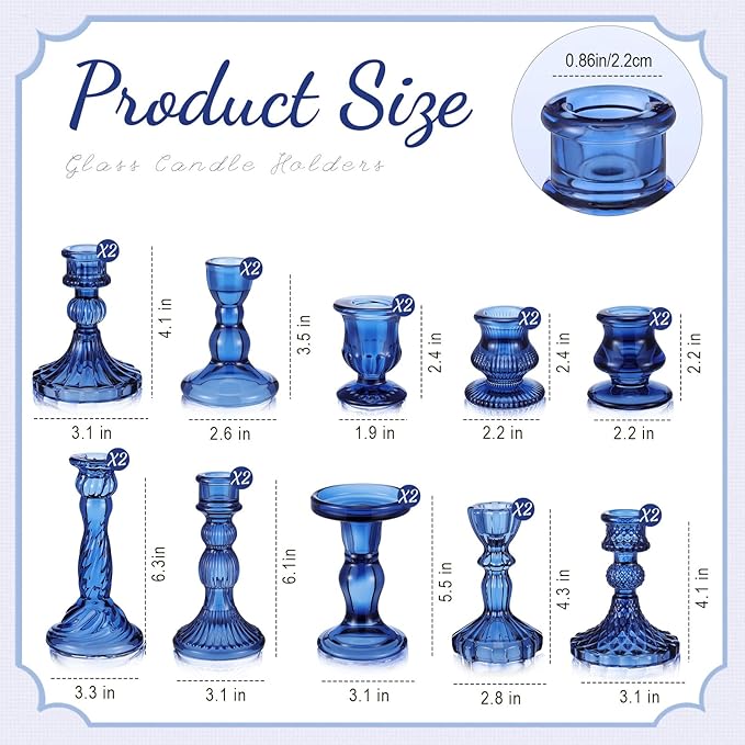 Mumufy 10 Pcs Glass Crystal Taper Candle Holders Clear Glass Candlestick Holder Fit 0.8 Inch Candles Crystal Decorative Candle Stand Centerpiece Table Wedding Dining Party (Classic,Blue)
