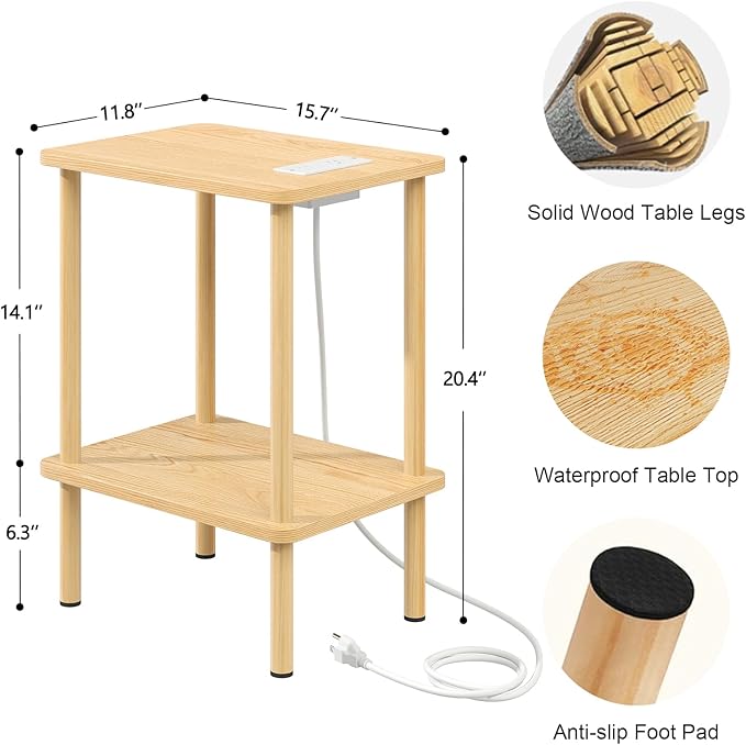 Apicizon 2 Tier End Table Set of 2, Small Side Table with Charging Station, Boho Bedside Table with USB Ports and Outlets, Nightstand for Small Spaces, Bedroom, Living Room, Easy Assembly, Natural