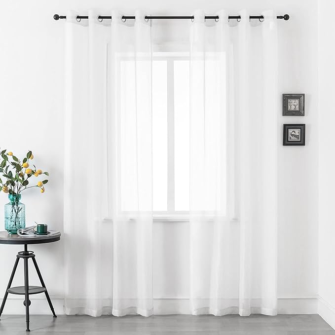 DUALIFE Bright White Sheer Curtains 84 Inches Long Set 2 Panels Grommet Look Semi Transparent Drape Tulle Gauze Voile Window Sheer Curtains for Bedroom Living Room 52X84 Inches Long