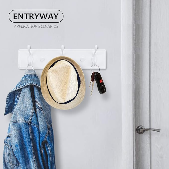Wooden Coat Rack, Wall-Mounted Organizer for Closet, Entryway, Hallway, Foyer, Bedroom, Heavy Duty Double Hooks for Hanging Towels, Bags, Hats, Jackets, Key (White, 3 Hooks)