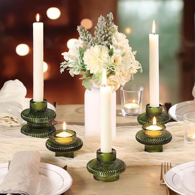 Green Taper Candle Holders Set of 10 for Taper Candles/Tea Lights, Ribbed Glass Candlestick Holders for Boho Wedding Table, Vintage Candle Sticks Holder Decor Home Decor