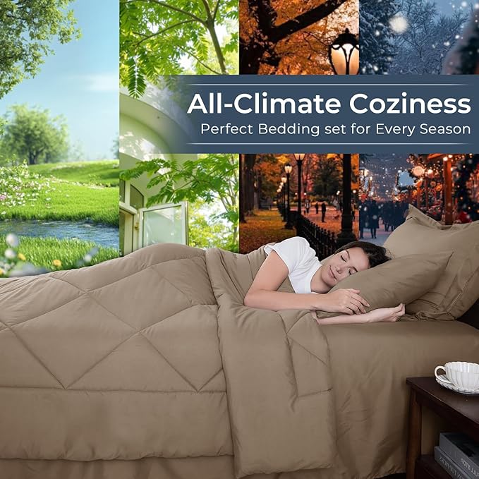 HEVUMYI Khaki King Comforter Set - 7-Piece All Season Bed in a Bag King, Ultra Soft Bedding Set with Comforter, Flat Sheet, Fitted Sheet, Pillowcases, Pillow Shams