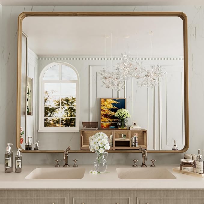 LOAAO 48X40 Inch Bathroom Mirror with Wood Grain Colored Metal Frame, Rounded Rectangle Metal Framed Bathroom Mirror, Anti-Rust, Hangs Horizontally or Vertically, Tempered Glass