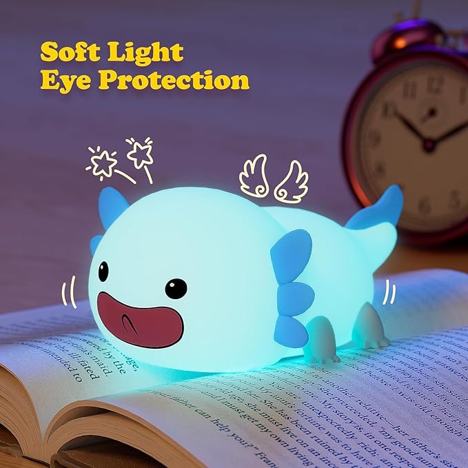 UNEEDE Blue Axolotl Night Light for Kids, Animal Silicone Nursery Night Lamp, Rechargeable Table Lamp, Cute Room Decor Night Light for Bedroom, Living Room, Dining, Desk Decorations, Gift