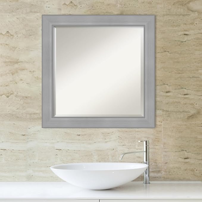 Amanti Art Silver Bathroom Mirror for Over Sink, 24x24 Vista Brushed Nickel Square Vanity Mirror, Medium Casual Frame, Hangs Horizonally and Vertically, Bathroom Wall Decor, Beveled Edge