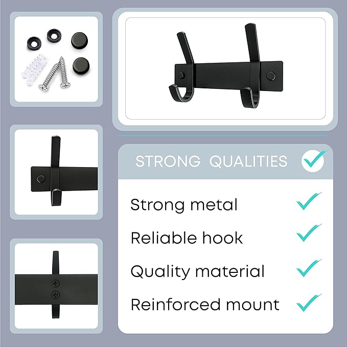 Matte Black Small Coat Rack Wall Mount – 6 Inch Stainless Steel Hook Rail with 2 Double Coat Hooks – Wall Mounted Entryway Organizer for Coats, Hats, Bags, Towels, Robes, Closet or Bathroom