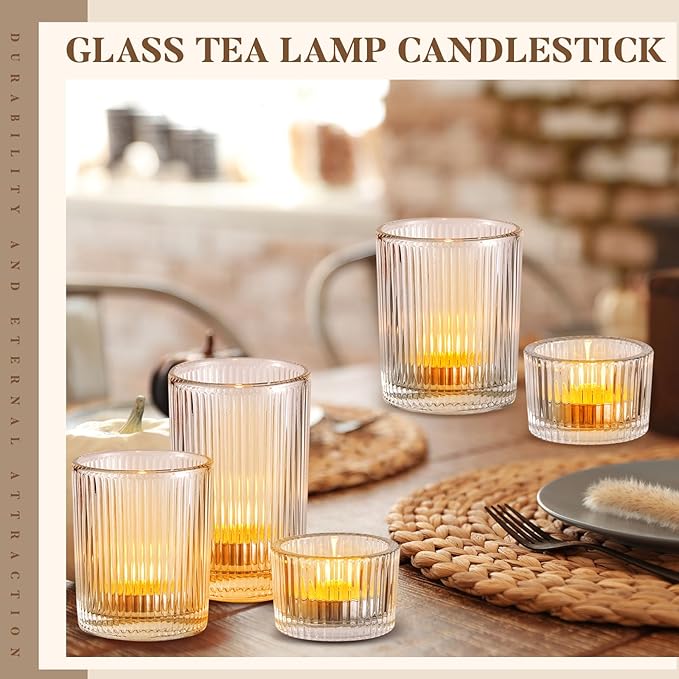 Mumufy 24 Pcs Assorted Votive Candle Holders Ribbed Glass Tealight Candle Holder Bulk for Table Centerpiece, Baby Shower, Home and Wedding Party Decoration (Clear)