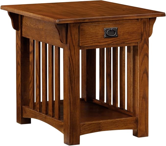 Leick Home Mission Impeccable End Table, Solid Wood Accent Table with Drawer & Shelf, Medium Oak Finish, Craftsman Style, 22 in L x 25 in D x 23 in H, 8207