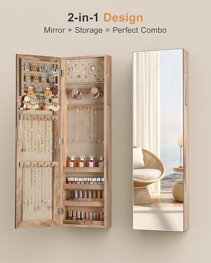 Nicetree Mirror Jewelry Cabinet, Jewelry Armoire with Full Length Mirror,Mirror with Jewelry Storage Wall/Door Mounted, Lockable Jewelry Armoire Organizer,Toasted Oak