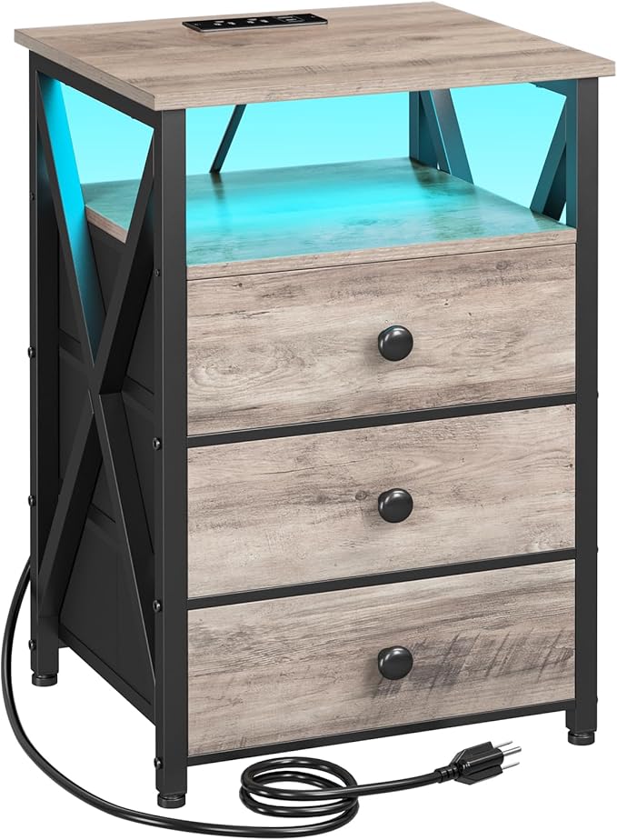 AMHANCIBLE LED Night Stand, Nightstand with Charging Station, Smart End Side Table with USB Port & Power Outlet, Bedside Table with 3 Fabric Drawers for Bedroom, Living Room, Greige HET053LGY1