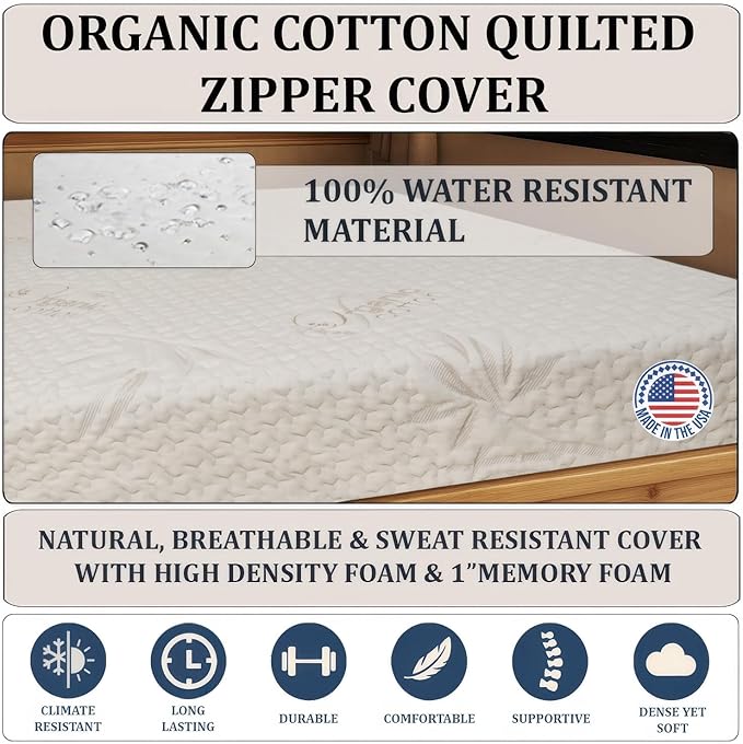 Foamma 3” x 28” x 72” Camper/RV Travel Memory Foam Bunk Mattress with Cover, Made in USA, Comfortable, Travel Trailer, CertiPUR-US Certified