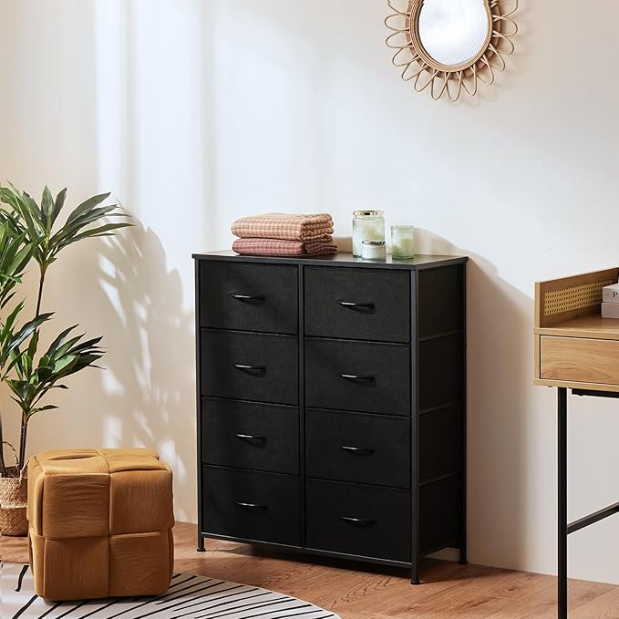 DUMOS 8 Drawer Dresser for Bedroom, Fabric Storage Organizer with Sturdy Metal Frame, Wooden Top Chest of Drawers for Closet Nursery Entryway Guest Room,Matte Black