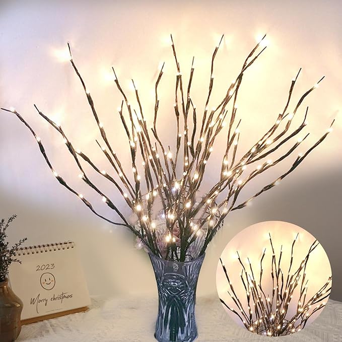DK177 4 Pack Led Branch Light Battery Operated Lighted Branch Vase Filler Willow Tree Artificial Little Twig Power Brown 30 Inch 20 LED for Home Romantic Decoration, White