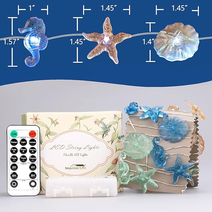 Impress Life Ocean Theme String Lights, Beach Decor Starfish Seahorse Sand Dollars Nautical Decorative Lights Battery & USB Plug In with Remote 10 ft 30 LEDs for Covered Outdoor Bedroom Birthday Party