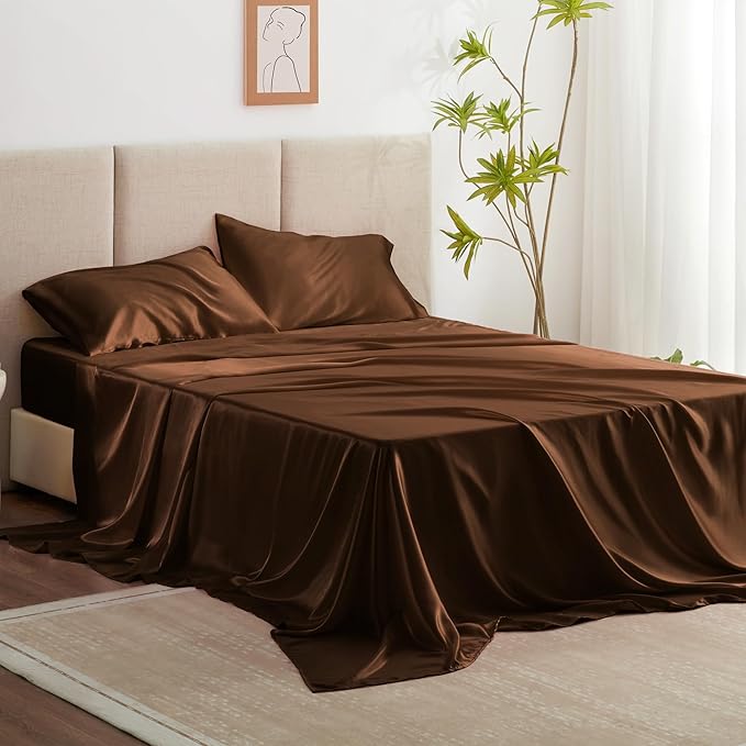 Love's cabin Twin XL Satin Sheet Sets - 3 Piece Brown Silky Bed Sheets with Deep Pockets, Luxury Silk Feel Satin Sheet Set Twin XL (1 Flat Sheet,1 Fitted Sheet,1 Pillow case)