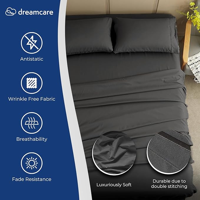 DREAMCARE Queen Size Sheets - Cooling Bed Sheets - 4pcs Set - up to 15" Deep Pocket Queen Sheet Set - Sheets Queen Size Bed - Soft & Long Lasting 100% Fine Brushed Polyester with Side Pocket - Grey