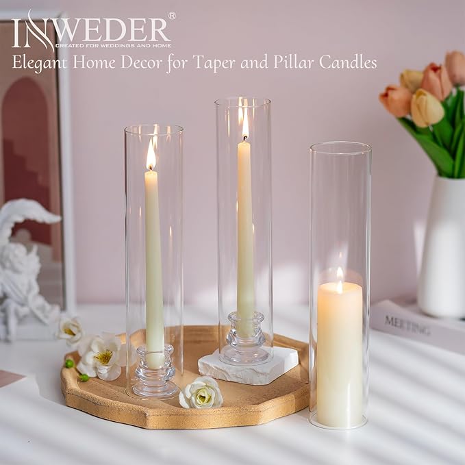Glass Hurricane Candle Holder: 12" Tall Candlestick Holder Bulk with Cylinder Windproof Cover Set of 10 Clear Taper Candle Holders for Wedding Party Birthday Christmas Decor