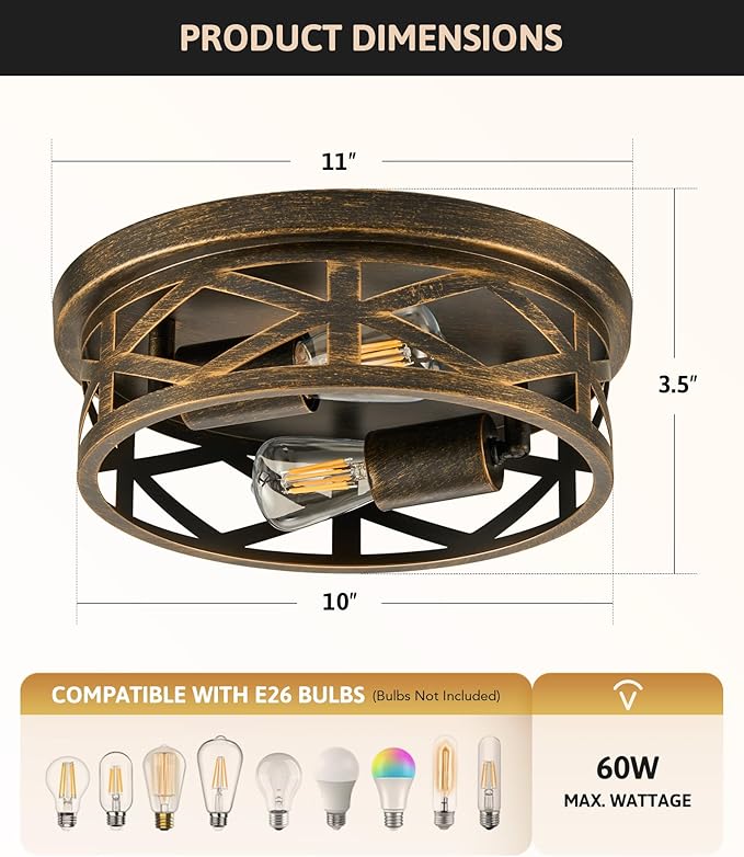 VONLUCE Flush Mount Ceiling Lights, 2-Light Hallway Ceiling Lighting Fixtures, 11 inch Farmhouse Metal Cage Ceiling Lights for Entryway Kitchen, Adjustable Lamp Holders, ETL, 2 pcs, Oil-Rubbed Bronze