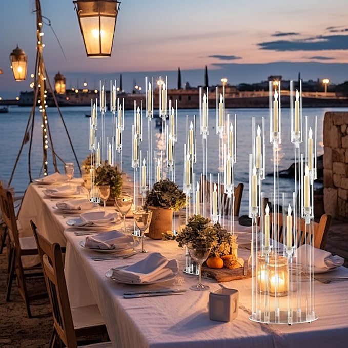 8PCS Arcylic Candelabra Wedding Centerpieces for Tables,38.5 Tall Clear Floor Candle Holder Set with Shade Pillar Taper Candle Stand for Anniversary Party Brithday candelabros para centros de mesa