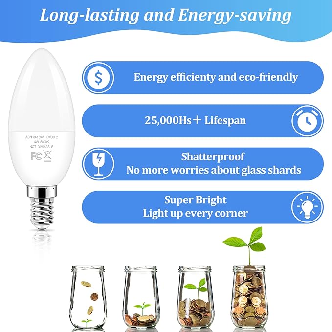 Brightever Candelabra 40W Equivalent LED Light Bulbs, 4W Candle Light Bulbs with Small E12 Base, Daylight White 5000K Ceiling Fan Lightbulbs, Type B Bulb for Wall Sconces, Non-Dimmable, Pack of 6