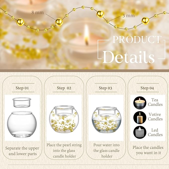 8 Pcs Glass Clear Votive Floating Candle Holders with 8 Pcs Bright Pearl String Beads, Tealight Bowl Candle Holder Bulk for Wedding Centerpiece Home Bridal Shower Party Decor (Gold)