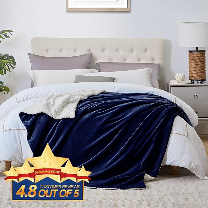 Walensee Sherpa Fleece Blanket (Throw Size 50”x60” Navy) Plush Throw Fuzzy Super Soft Reversible Microfiber Flannel Blankets for Couch, Bed, Sofa Ultra Luxurious Warm and Cozy for All Seasons