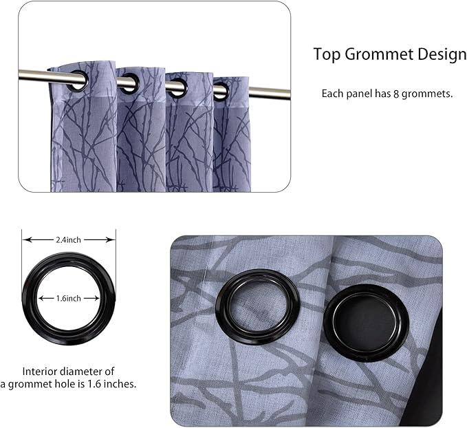 BONZER Mix and Match Curtains - 2 Pieces Branch Print Sheer Curtains and 2 Pieces Blackout Curtains for Bedroom Living Room Grommet Window Drapes, 54x108 Inch/Panel, Grey Dark, Set of 4 Panels