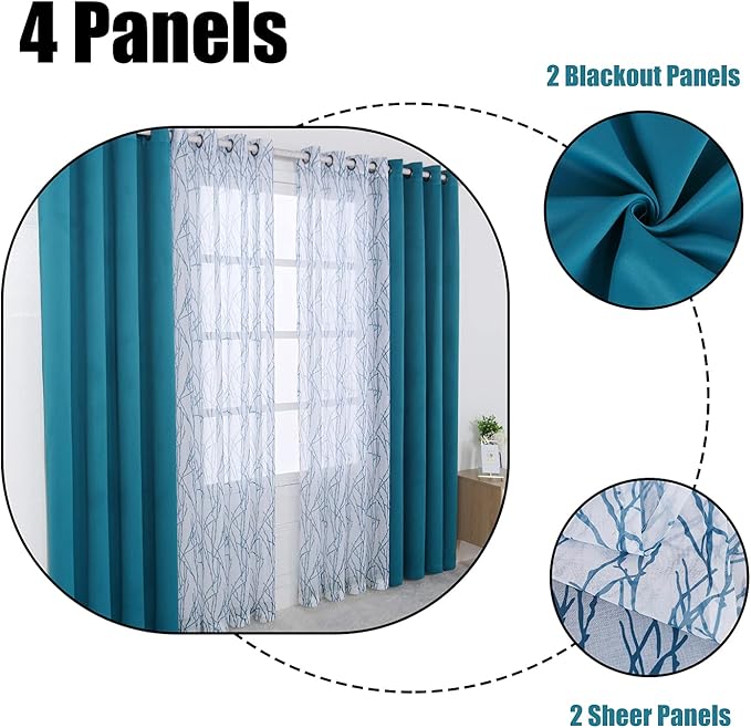 BONZER Mix and Match Curtains - 2 Pieces Branch Print Sheer Curtains and 2 Pieces Blackout Curtains for Bedroom Living Room Grommet Window Drapes, 54x63 Inch/Panel, Teal, Set of 4 Panels