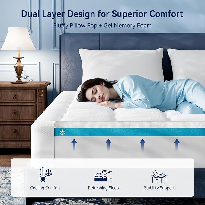 ELEMUSE Super Olympic Queen Dual Layer 3 Inch Memory Foam Mattress Topper, 2 Inch Cooling Gel Memory Foam Bed Pad and 1 Inch Soft Pillow Top Mattress Pad for Back Pain Relief & Hot Sleepers