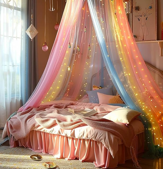 Comtelek Mosquito Net Bed Canopy for Girls,Rainbow Canopy with LED Lights Bed Curtains Full Queen Size from Ceiling,Dome Mosquito Netting Bed Tent Twin Girls Princess Canopy King Bed Decor
