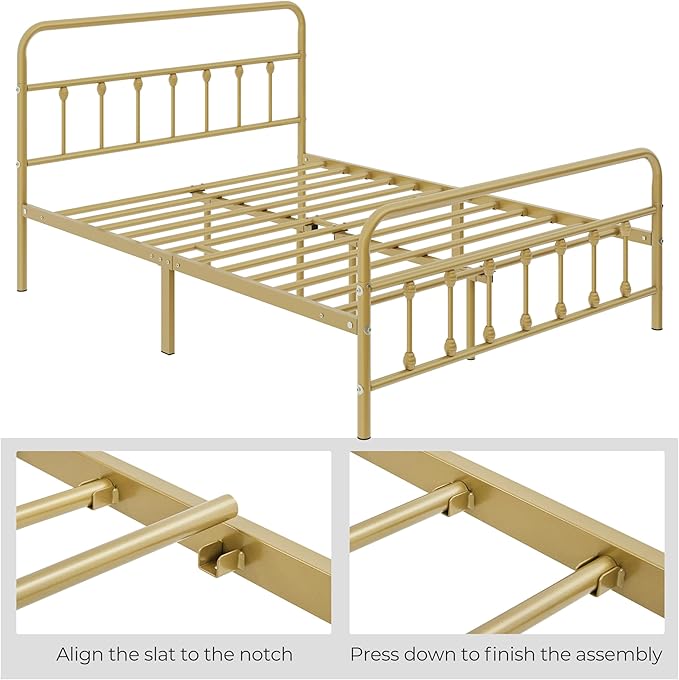 Yaheetech Classic Metal Platform Bed Frame Mattress Foundation with Victorian Style Iron-Art Headboard/Footboard/Under Bed Storage/No Box Spring Needed/Queen Size Antique Gold