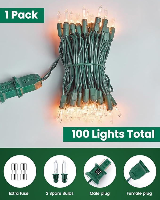 Clear Christmas String Lights 100 Count 25 Feet Incandescent Bulb Mini Lights for Indoor Xmas Tree Garland Birthday Wedding Party Festival Decoration, Green Wire
