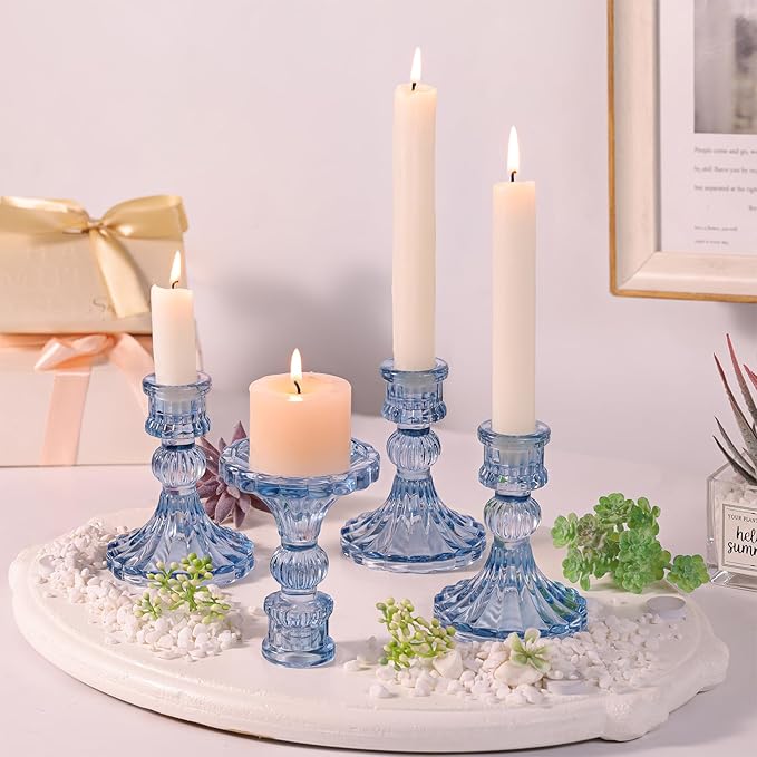 DARJEN 12PCS Blue Candlestick Holders Set- 4" H Taper Candle Holders, Glass Candle Holders Bulk for Wedding, Party, Home Table Centerpieces, Festival Gifts & Windowsill Decor