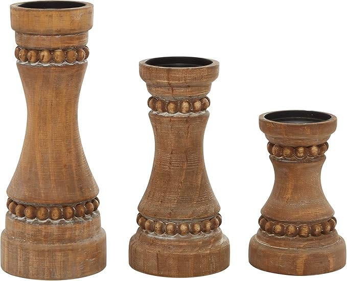Deco 79 Wood Beaded Pillar Candle Holder, Set of 3 12", 9", 7"H, Brown