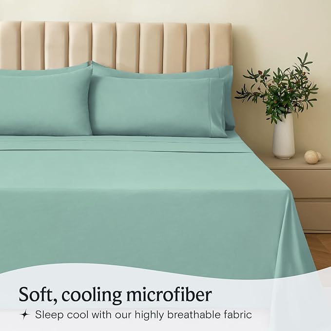 LuxClub 4 PC Queen Sheet Set, Deep Pockets Wrinkle Free Cooling Bed Sheets Hotel Bedding for Women, Men, Kids & Teens, Includes 1 Fitted Sheet, 1 Flat Sheet and 2 Pillowcases - Silky Soft Light Teal