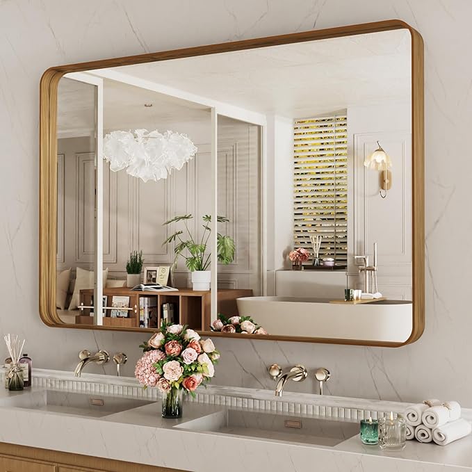LOAAO 48X32 Inch Bathroom Mirror with Wood Grain Colored Metal Frame, Rounded Rectangle Metal Framed Bathroom Mirror, Anti-Rust, Hangs Horizontally or Vertically, Tempered Glass