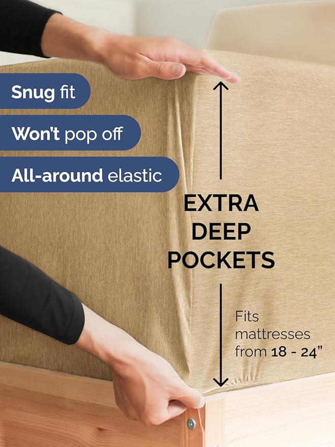 Extra Deep Split King Sheet Set - 7 Piece Breathable & Cooling Sheets - Hotel Luxury Bed Sheets Set - Easy Fit - Soft, Wrinkle Free & Comfy Sheets Set - Heathered Tan Sheet Set w/Extra Deep Pockets