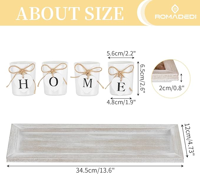 Romadedi Farmhouse Centerpiece Candle Holder Decor - Rustic Wooden Tray with 4 Glass Tealight Candles Holders for Coffee Table Home Decorations Living Room Fireplace Kitchen Housewarming Gifts