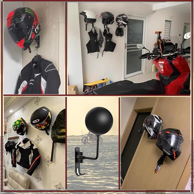 SANGMO 3 Pack 180° Motorcycle Helmet Rack, Rotation Metal Helmet Holder Wall Mount, Helmet Holder Bike with 2 Hooks Helmet Hanger for Motorcycle Bike Coats, Caps, Baseballs, Rugby Helmet(3 Pack)