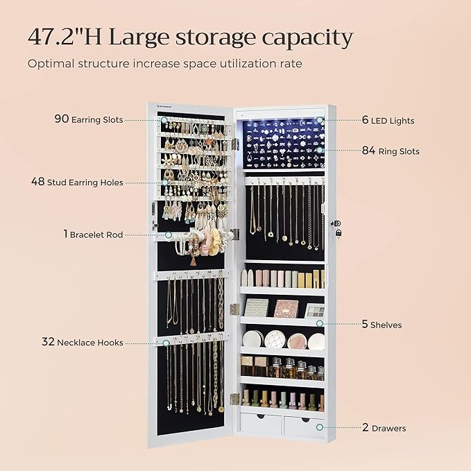 SONGMICS 6 LEDs Mirror Jewelry Cabinet, 47.2-Inch Tall Lockable Wall or Door Mounted Jewelry Armoire Organizer with Mirror, 2 Drawers, Christmas Gift, 3.9 x 14.6 x 47.2 Inches, White