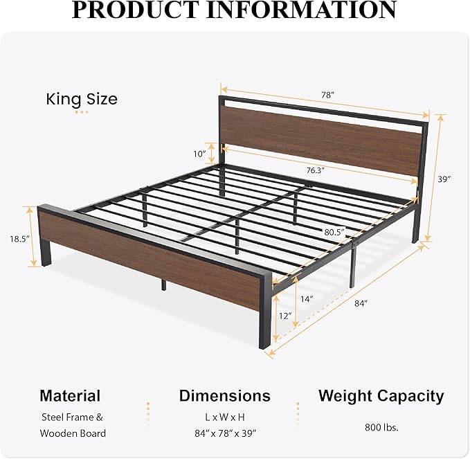 SHA CERLIN 14 Inch King Size Metal Platform Bed Frame with Wooden Headboard and Footboard, Mattress Foundation, No Box Spring Needed, Large Under Bed Storage, Walnut