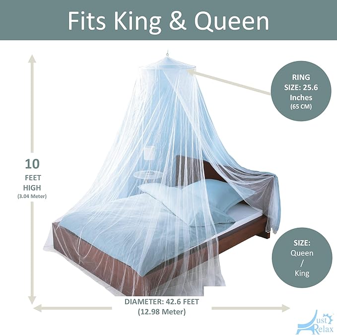 Just Relax Decorative Elegant Bed Net Canopy Set Including Full Hanging Kit, Ideal for Indoors or Outdoors, Intended for a for Covering Beds, Cribs, Hammocks (White, Queen/King)