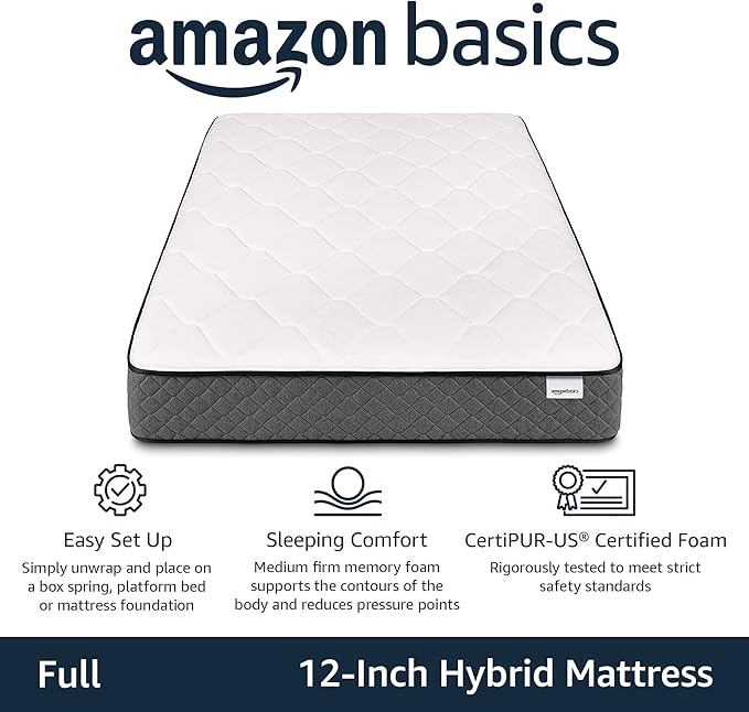 Amazon Basics Memory Foam Mattress, Full Size Mattress, Hybrid, 12 Inch, Medium Feel, Motion Isolation Springs, White/Gray